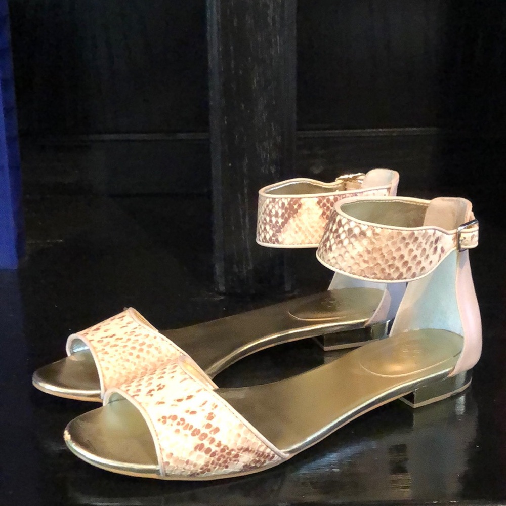 Ann Taylor cream and snake ankle strap flat sandals with gold detailing